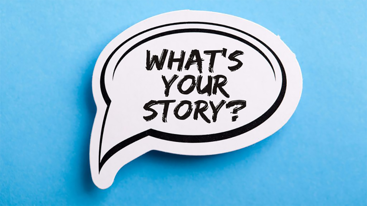 Content Marketing Strategie-Weiße Sprechblase "What´s your story"