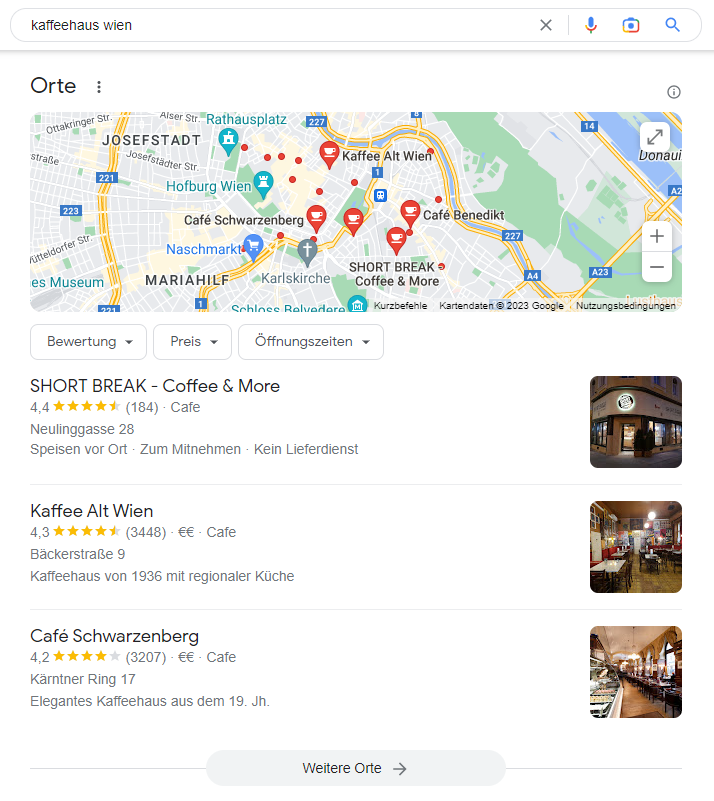 Google 3-Pack: Suchanfrage "Kaffeehaus Wien" mit dem Ergebnis
